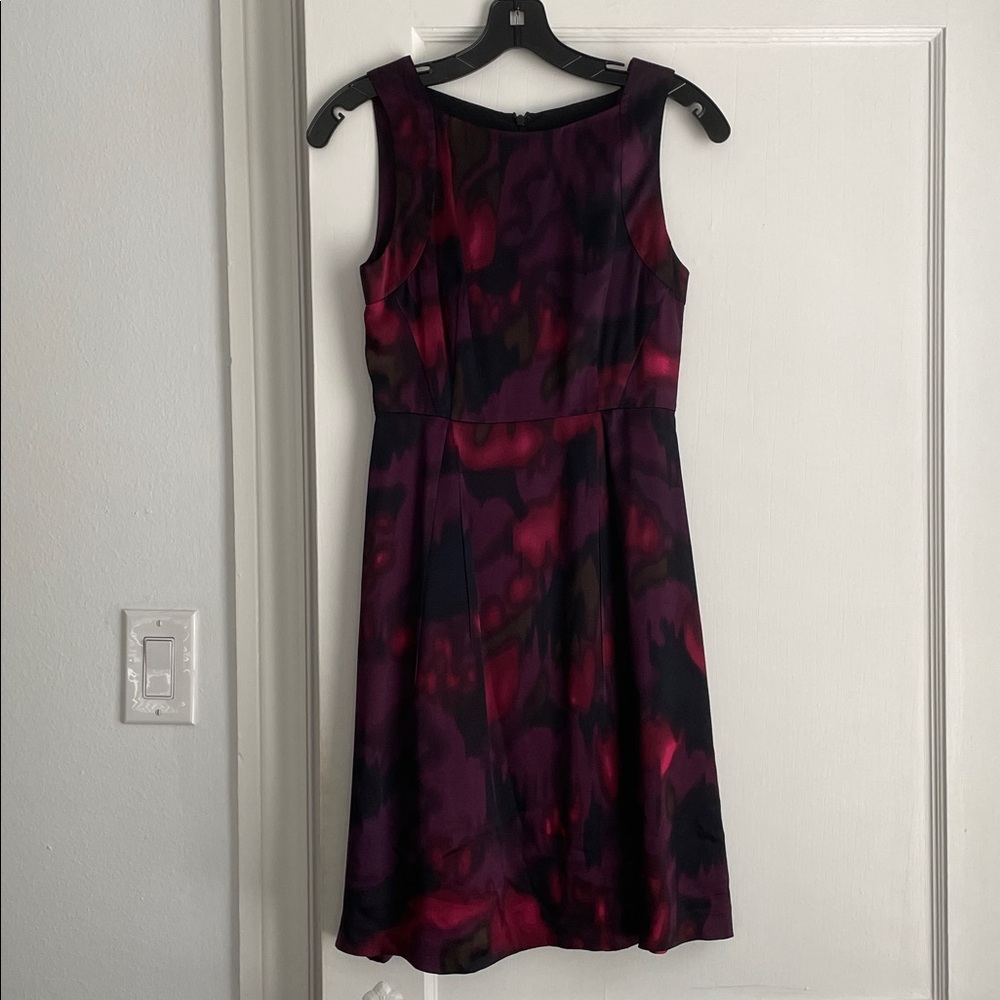 Theory Red, Purple and Black Patterned Silk Midi Dress